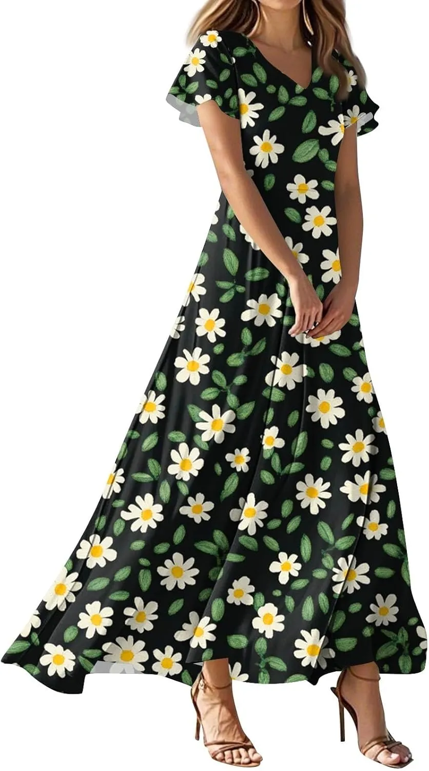 Women's Floral Dress Summer Casual Loose Trendy Short Sleeve V-Neck Printed Sun Beach Vacation Maxi Dresses, XS-2XL