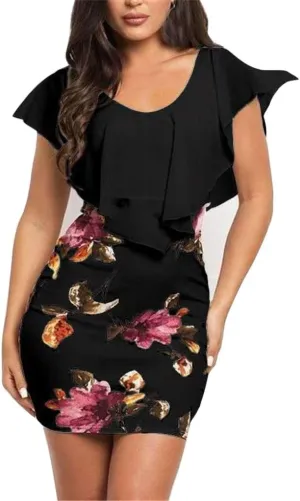 Women's Floral Printed Bodycon Dress Sexy Sleeveless Crewneck Ruffle Dress Summer Casual Party Short Mini Dress