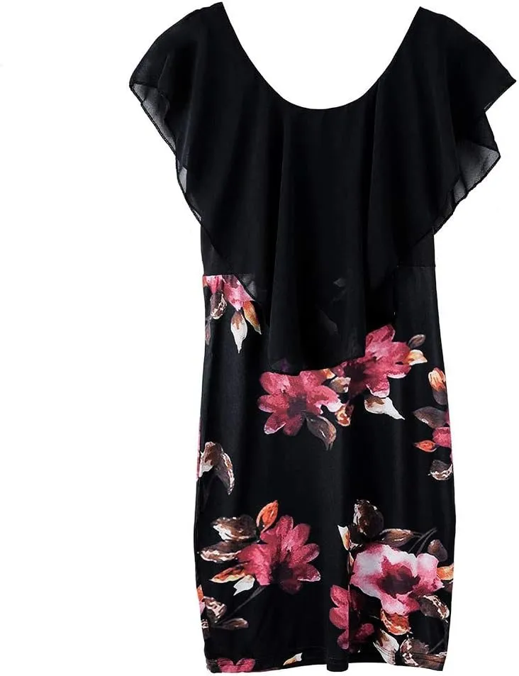 Women's Floral Printed Bodycon Dress Sexy Sleeveless Crewneck Ruffle Dress Summer Casual Party Short Mini Dress