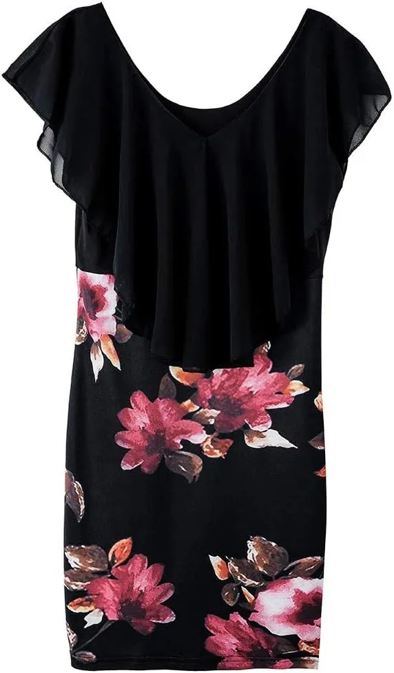 Women's Floral Printed Bodycon Dress Sexy Sleeveless Crewneck Ruffle Dress Summer Casual Party Short Mini Dress