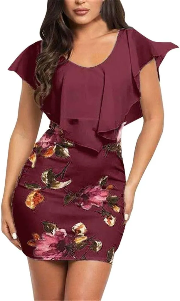 Women's Floral Printed Bodycon Dress Sexy Sleeveless Crewneck Ruffle Dress Summer Casual Party Short Mini Dress