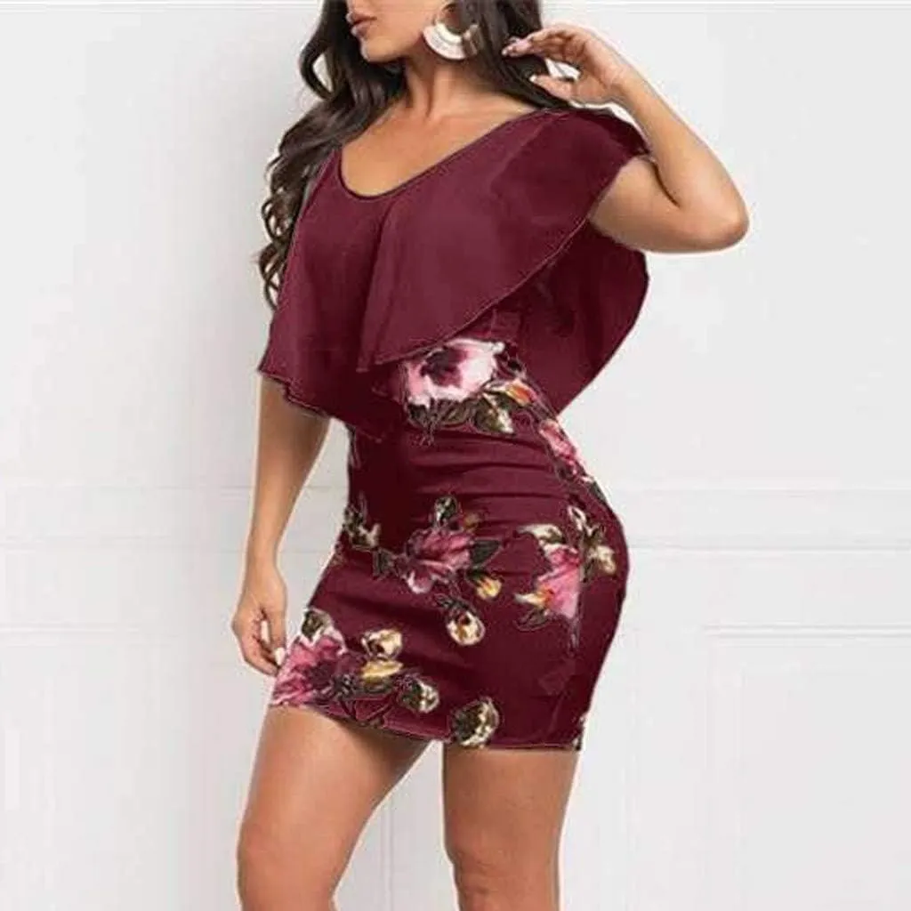 Women's Floral Printed Bodycon Dress Sexy Sleeveless Crewneck Ruffle Dress Summer Casual Party Short Mini Dress