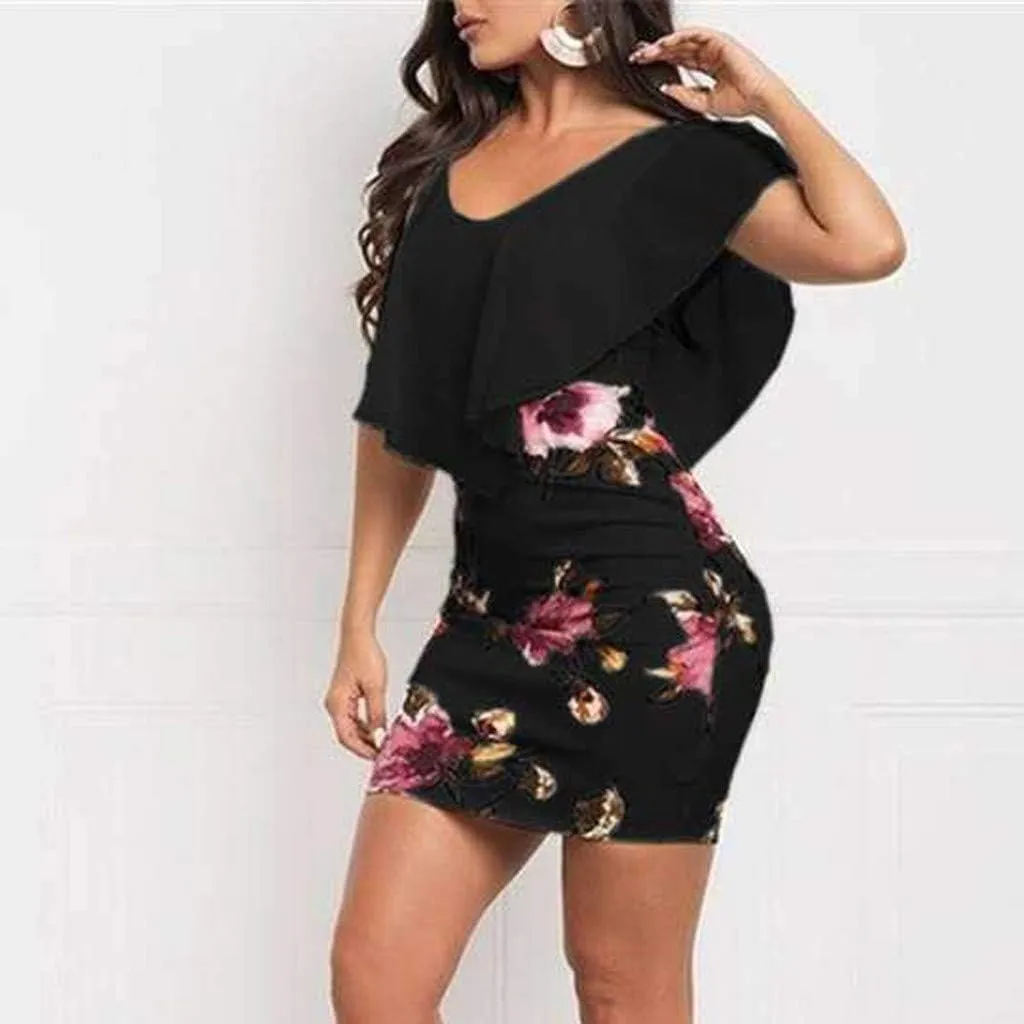 Women's Floral Printed Bodycon Dress Sexy Sleeveless Crewneck Ruffle Dress Summer Casual Party Short Mini Dress