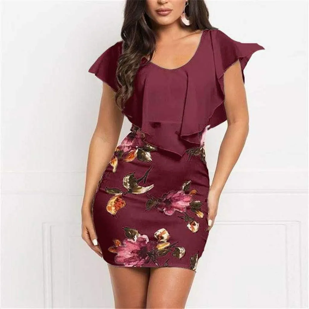 Women's Floral Printed Bodycon Dress Sexy Sleeveless Crewneck Ruffle Dress Summer Casual Party Short Mini Dress