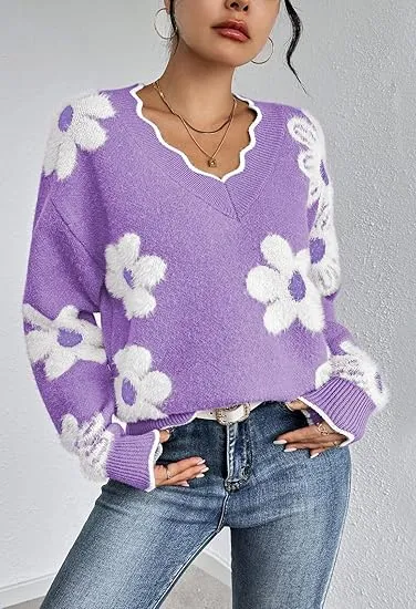 Women's Oversized V Neck Fuzzy Sweaters