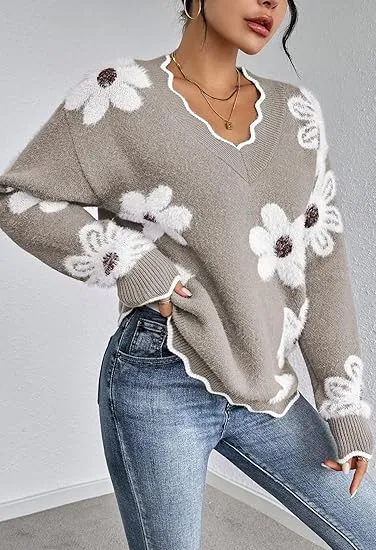 Women's Oversized V Neck Fuzzy Sweaters