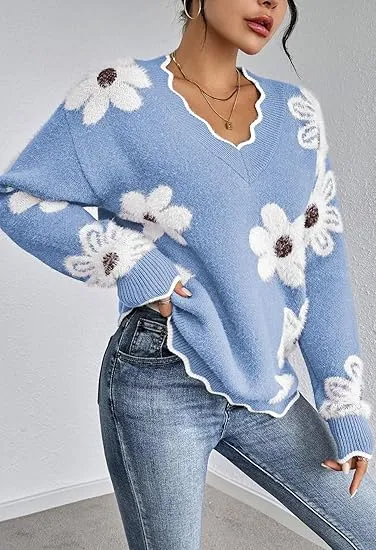 Women's Oversized V Neck Fuzzy Sweaters