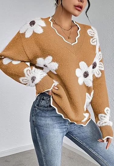Women's Oversized V Neck Fuzzy Sweaters