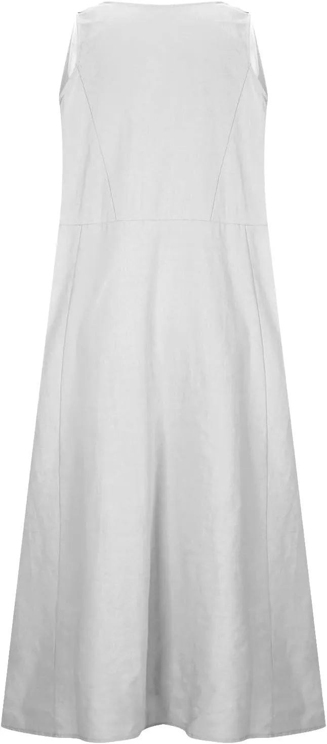 Women's Sleeveless Cotton Linen Dress Summer Beach Tank Dress Plus Size Printed Long Dress with Pockets