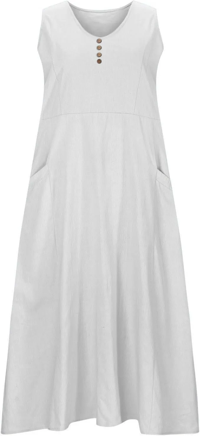 Women's Sleeveless Cotton Linen Dress Summer Beach Tank Dress Plus Size Printed Long Dress with Pockets