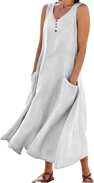 Women's Sleeveless Cotton Linen Dress Summer Beach Tank Dress Plus Size Printed Long Dress with Pockets
