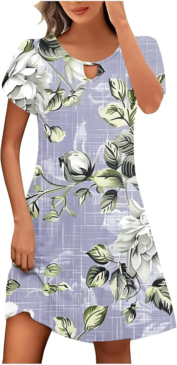 Women's Summer Boho Printed Dress Casual Loose Short Sleeved Dress Hawaiian Beach Maxi Dress Sundresses