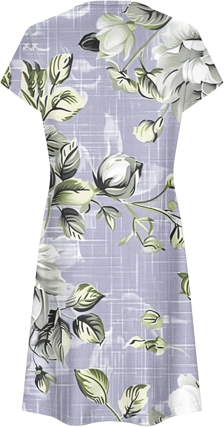 Women's Summer Boho Printed Dress Casual Loose Short Sleeved Dress Hawaiian Beach Maxi Dress Sundresses