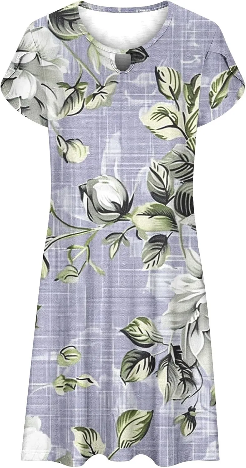 Women's Summer Boho Printed Dress Casual Loose Short Sleeved Dress Hawaiian Beach Maxi Dress Sundresses