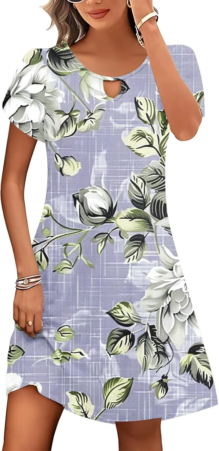 Women's Summer Boho Printed Dress Casual Loose Short Sleeved Dress Hawaiian Beach Maxi Dress Sundresses