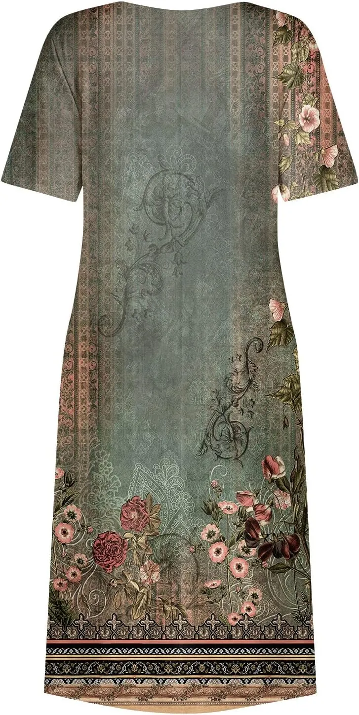 Women's Summer Casual Loose Trendy Short Sleeve Round Neck Solid Vintage Floral Printed Vacation Maxi Dress, S-3XL