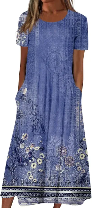 Women's Summer Casual Loose Trendy Short Sleeve Round Neck Solid Vintage Floral Printed Vacation Maxi Dress, S-3XL