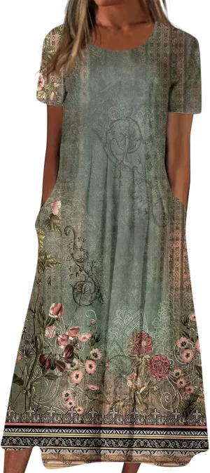 Women's Summer Casual Loose Trendy Short Sleeve Round Neck Solid Vintage Floral Printed Vacation Maxi Dress, S-3XL