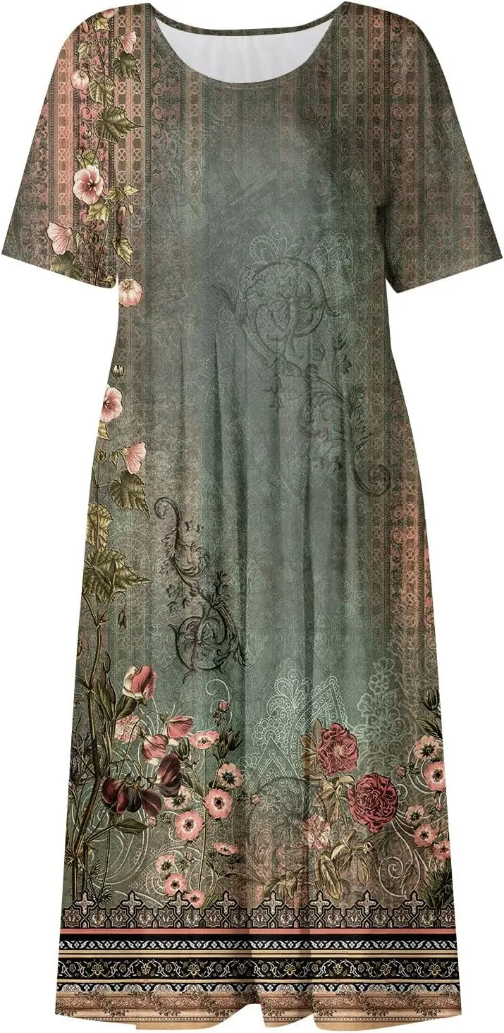 Women's Summer Casual Loose Trendy Short Sleeve Round Neck Solid Vintage Floral Printed Vacation Maxi Dress, S-3XL