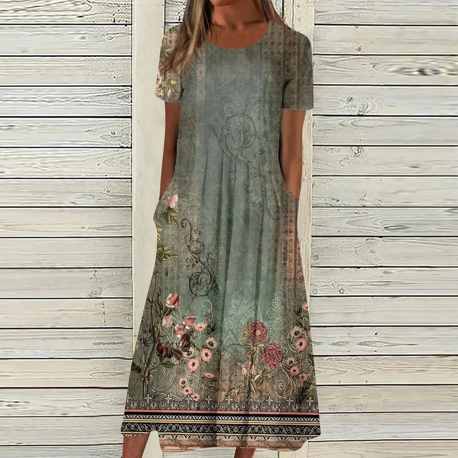 Women's Summer Casual Loose Trendy Short Sleeve Round Neck Solid Vintage Floral Printed Vacation Maxi Dress, S-3XL