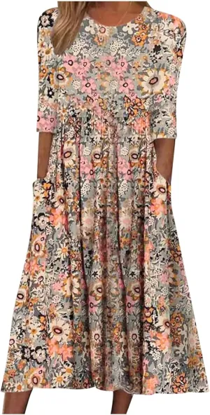 Womens Summer Casual Round Neck Half Sleeve Floral Printed Dresses with Pockets Tiered Flowy Long Dress