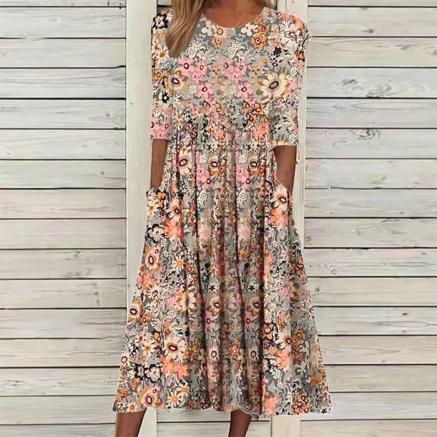 Womens Summer Casual Round Neck Half Sleeve Floral Printed Dresses with Pockets Tiered Flowy Long Dress