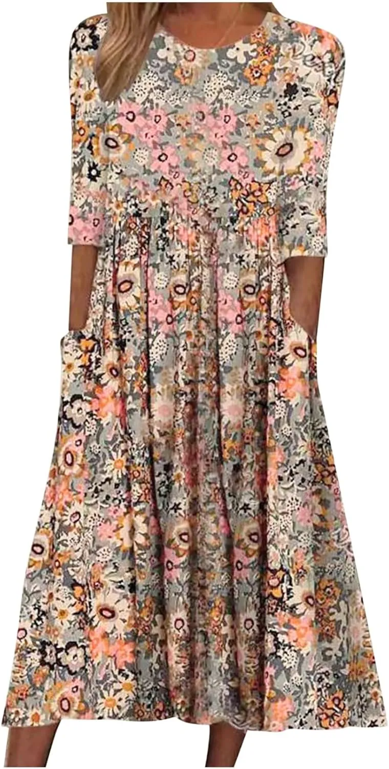 Womens Summer Casual Round Neck Half Sleeve Floral Printed Dresses with Pockets Tiered Flowy Long Dress