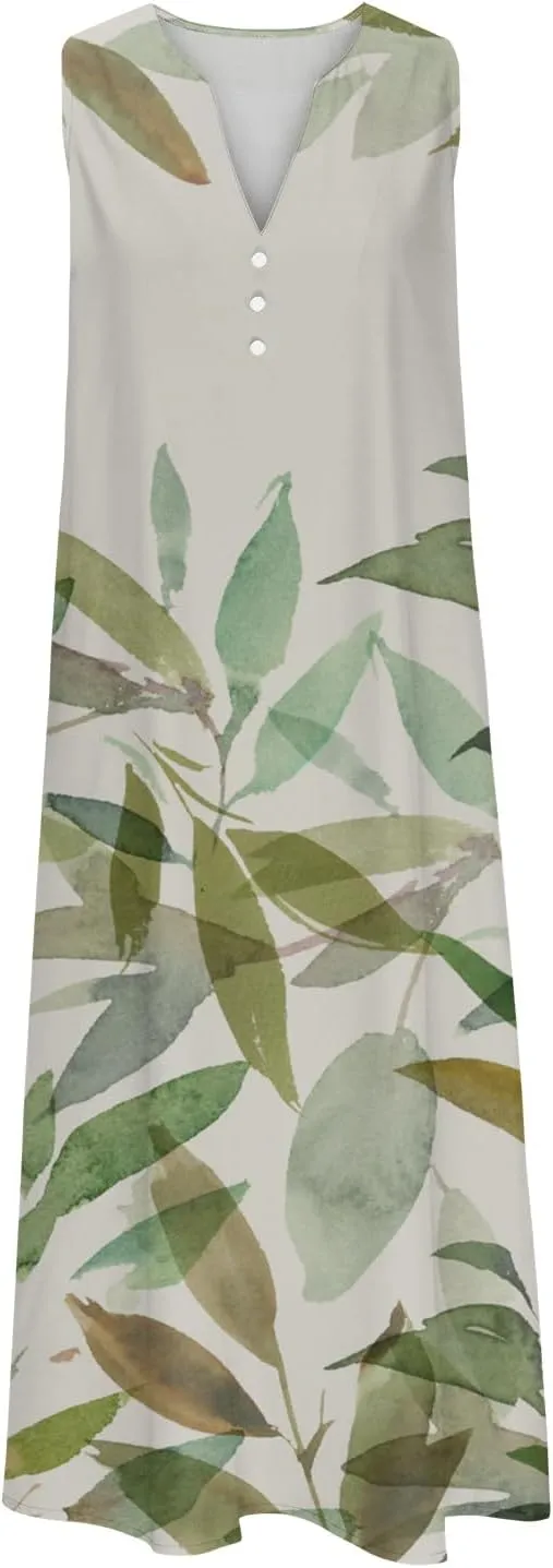 Womens Summer Design Casual Dress Fashion Floral Printed Sleeveless Button V-Neck 2025 Dress Long Dress with Pockets