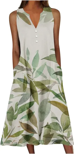 Womens Summer Design Casual Dress Fashion Floral Printed Sleeveless Button V-Neck 2025 Dress Long Dress with Pockets