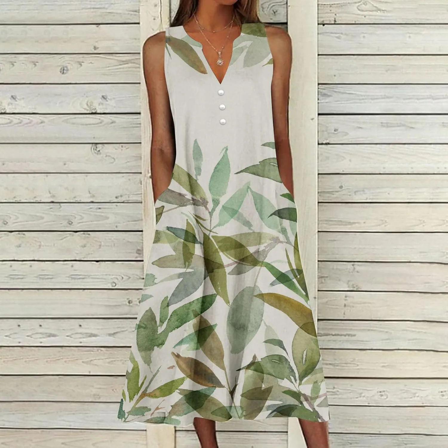 Womens Summer Design Casual Dress Fashion Floral Printed Sleeveless Button V-Neck 2025 Dress Long Dress with Pockets