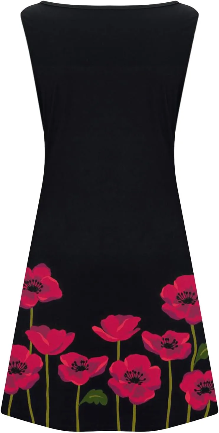 Women's Summer Floral Printed Tank Dress Sleeveless Hollow Out Boho Beach Dress Casual Loose Vacation Sundress