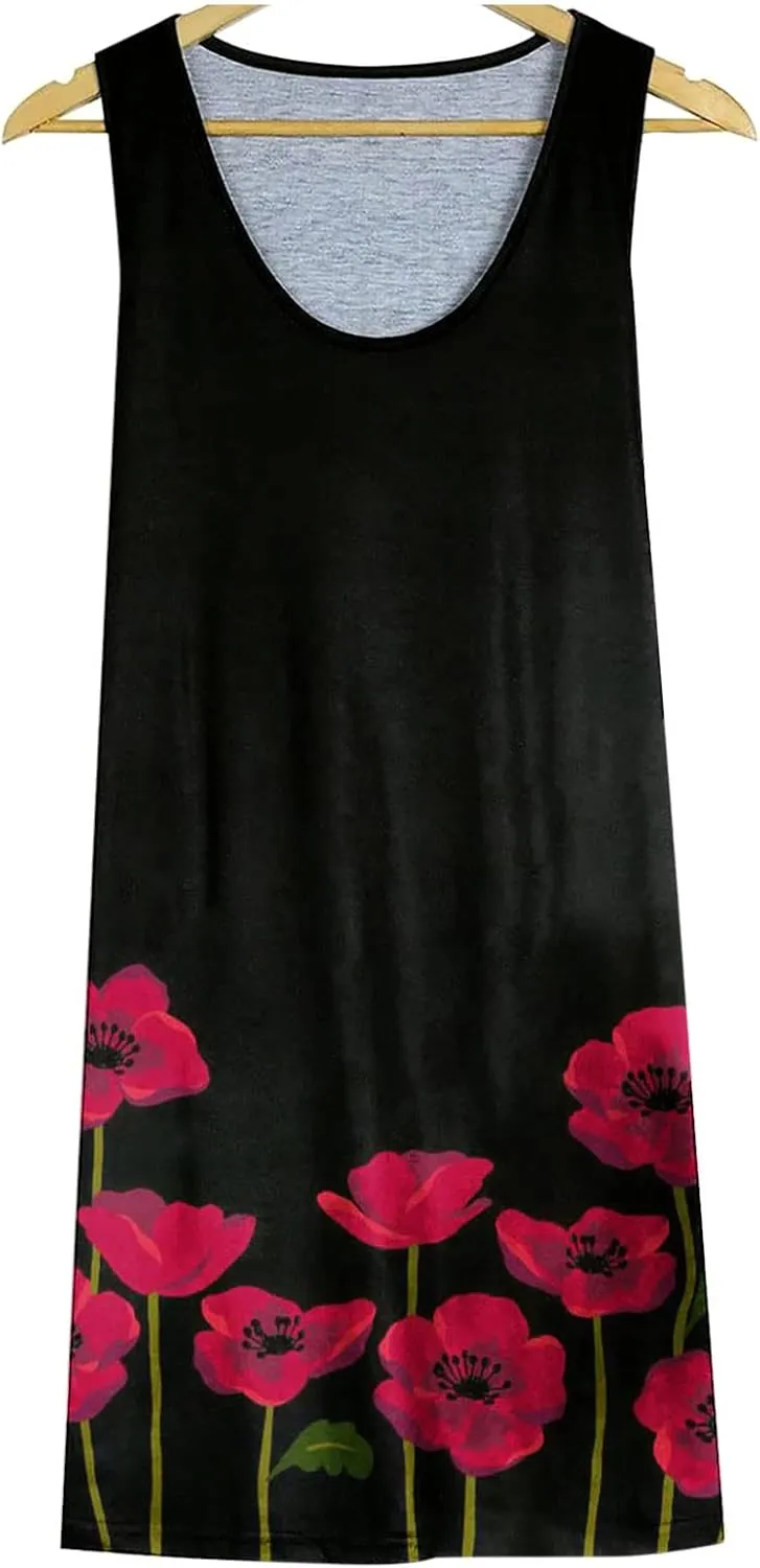 Women's Summer Floral Printed Tank Dress Sleeveless Hollow Out Boho Beach Dress Casual Loose Vacation Sundress
