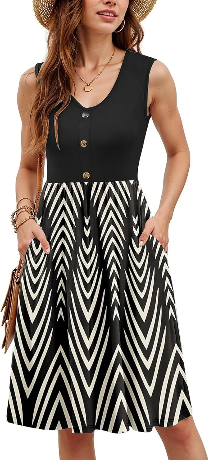 Women's Sun Dresses Summer Casual Sleeveless V Neck Empire Waist Printed Button Down Loose Mini Dress Casual, S-2XL